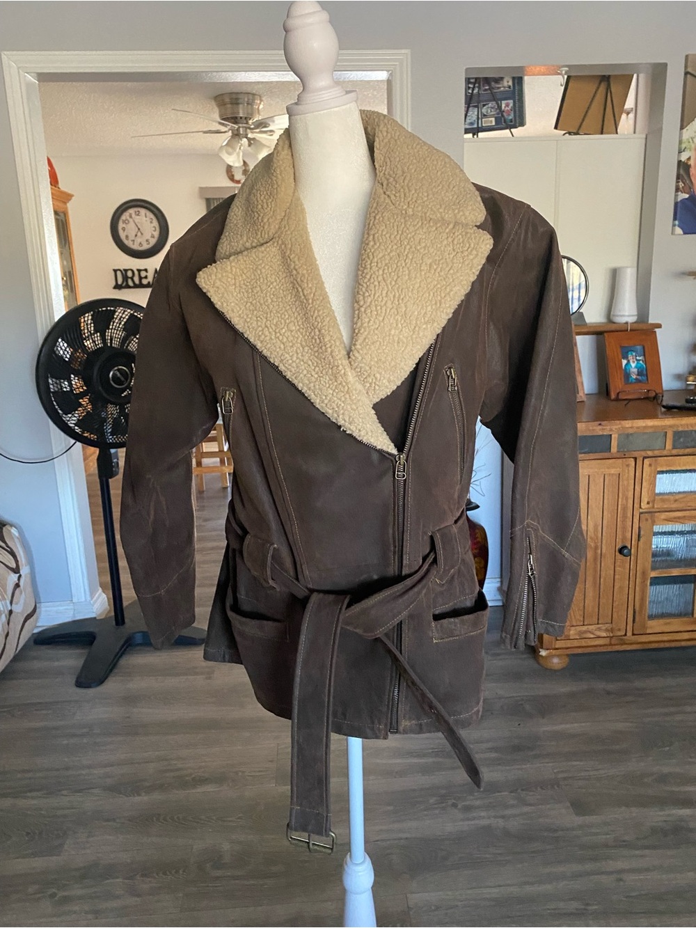Winlit Brown woman’s leather Sherpa-Lined Belted Bomber Jacket